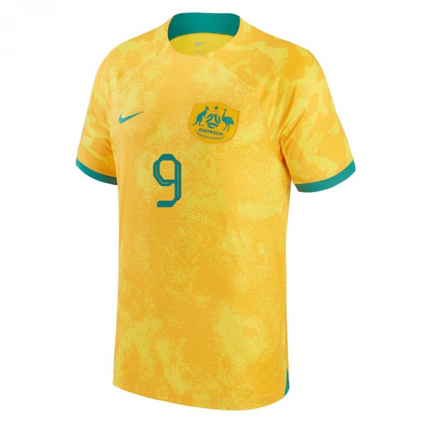 Homme Maillot Australie Jamie Maclaren #9 Doré Tenues Domicile 22-24 T-shirt Belgique