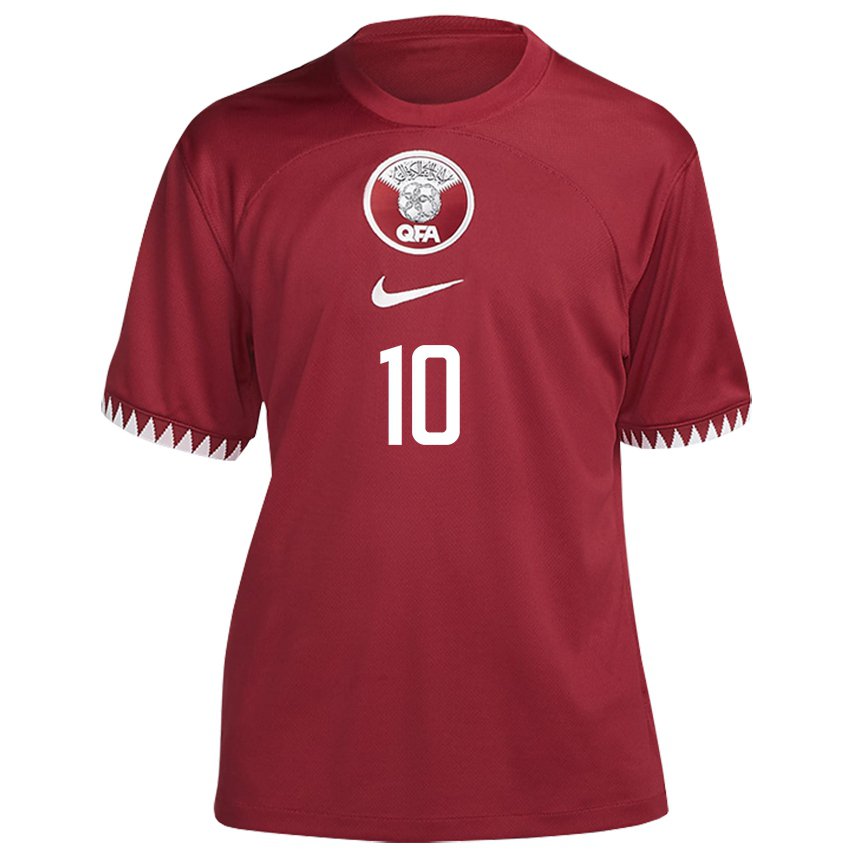 Heren Qatarees Hasan Al Haydos #10 Kastanjebruin Thuisshirt Thuistenue 22-24 T-shirt België