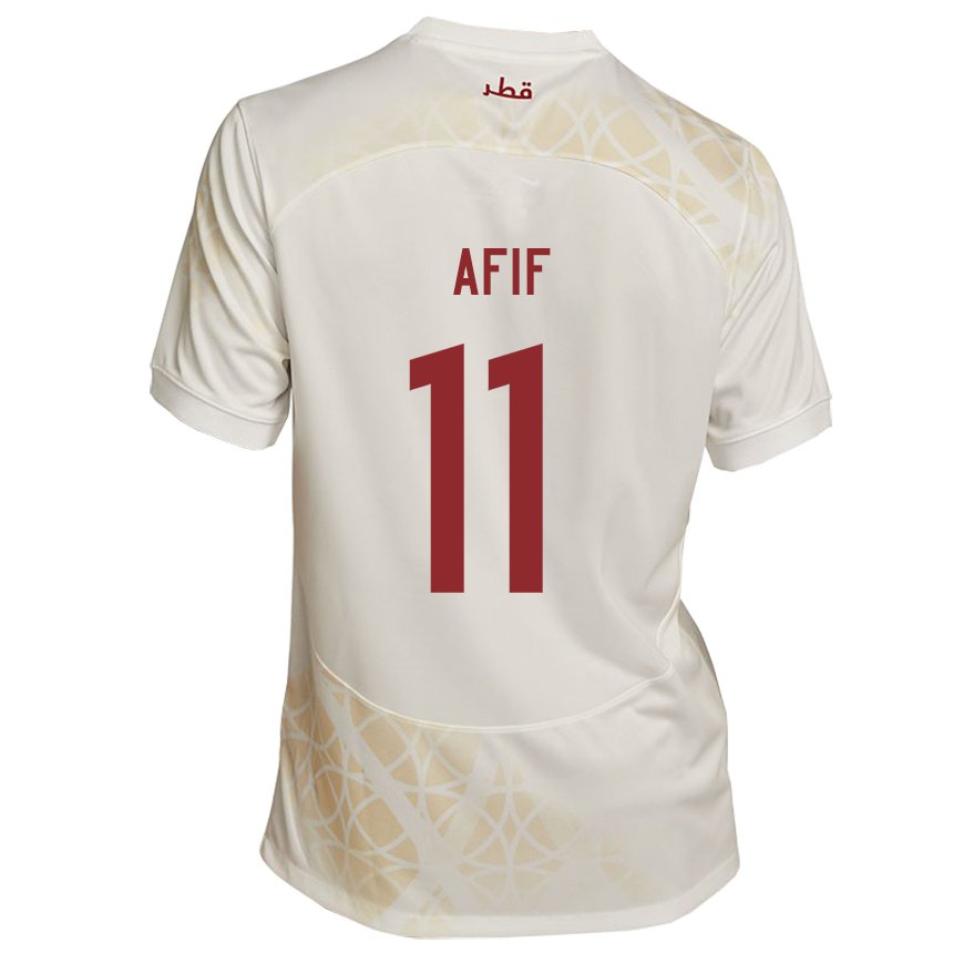 Homme Maillot Qatar Akram Afif #11 Beige Doré Tenues Extérieur 22-24 T-shirt Belgique