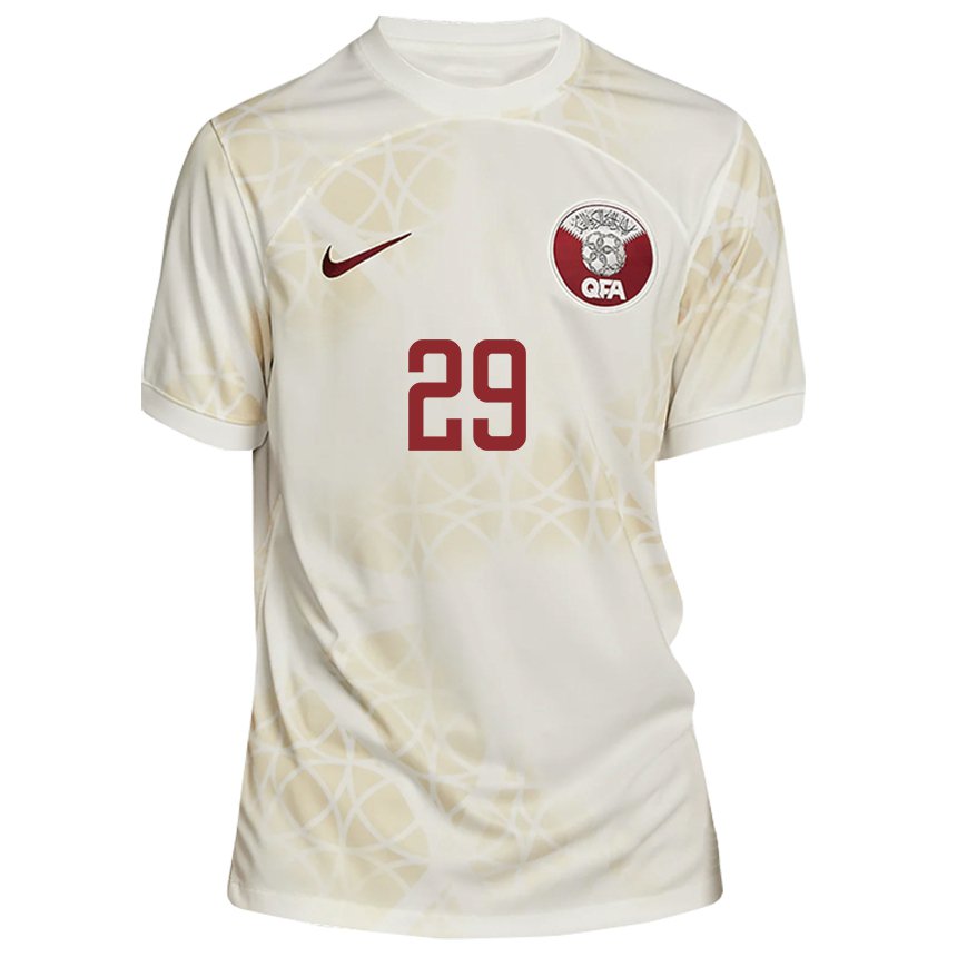 Femme Maillot Qatar Mohamed Emad Aiash #29 Beige Doré Tenues Extérieur 22-24 T-shirt Belgique