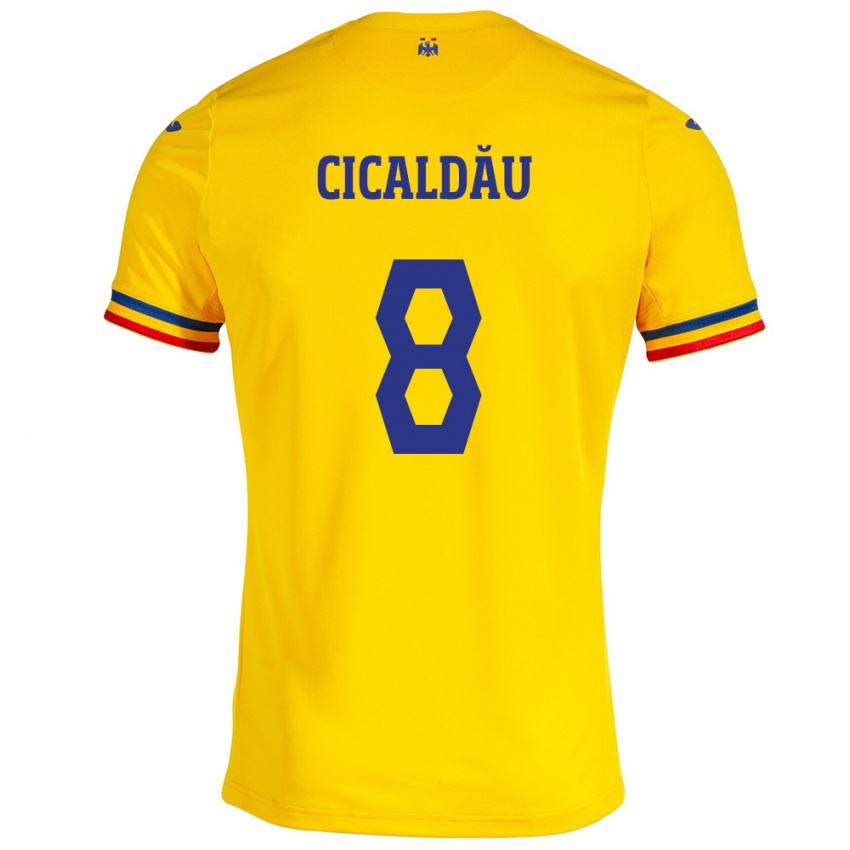 Enfant Maillot Roumanie Alexandru Cicâldău #8 Jaune Tenues Domicile 24-26 T-Shirt Belgique