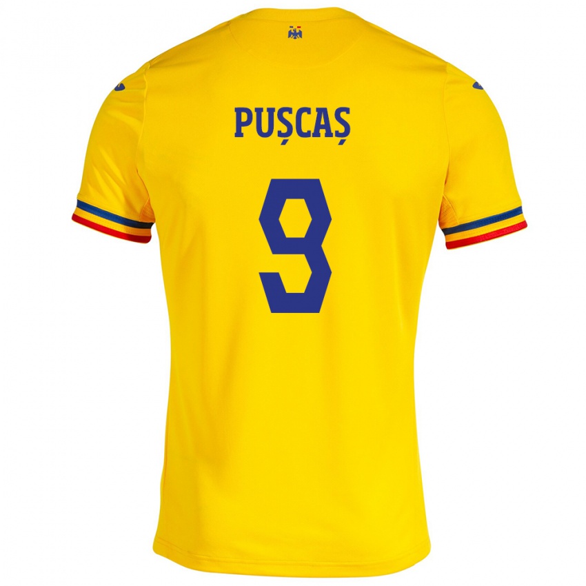 Enfant Maillot Roumanie George Pușcaș #9 Jaune Tenues Domicile 24-26 T-Shirt Belgique