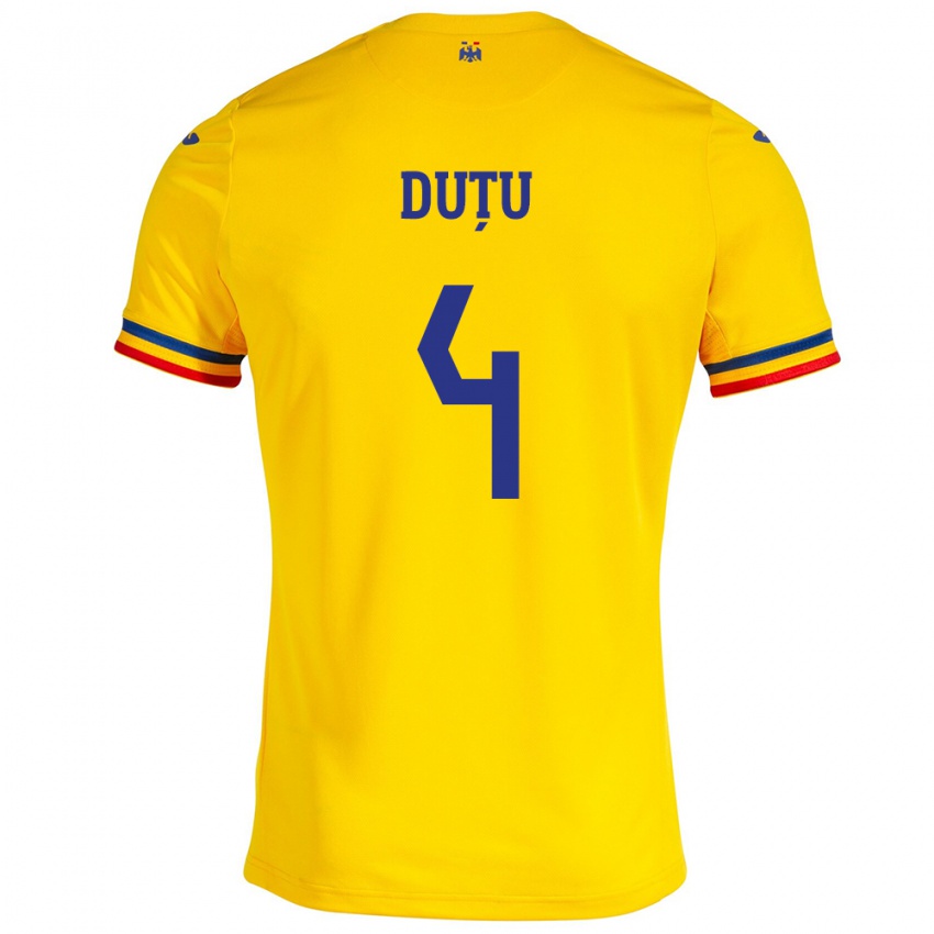 Enfant Maillot Roumanie Ștefan Duțu #4 Jaune Tenues Domicile 24-26 T-Shirt Belgique