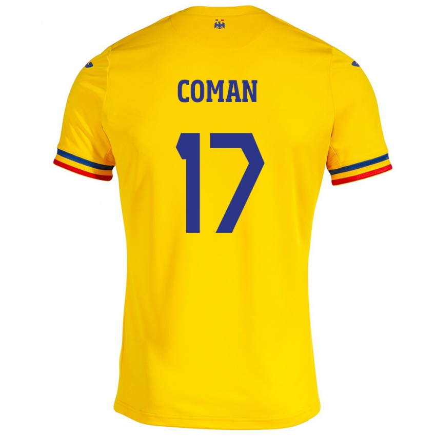 Homme Maillot Roumanie Florinel Coman #17 Jaune Tenues Domicile 24-26 T-Shirt Belgique