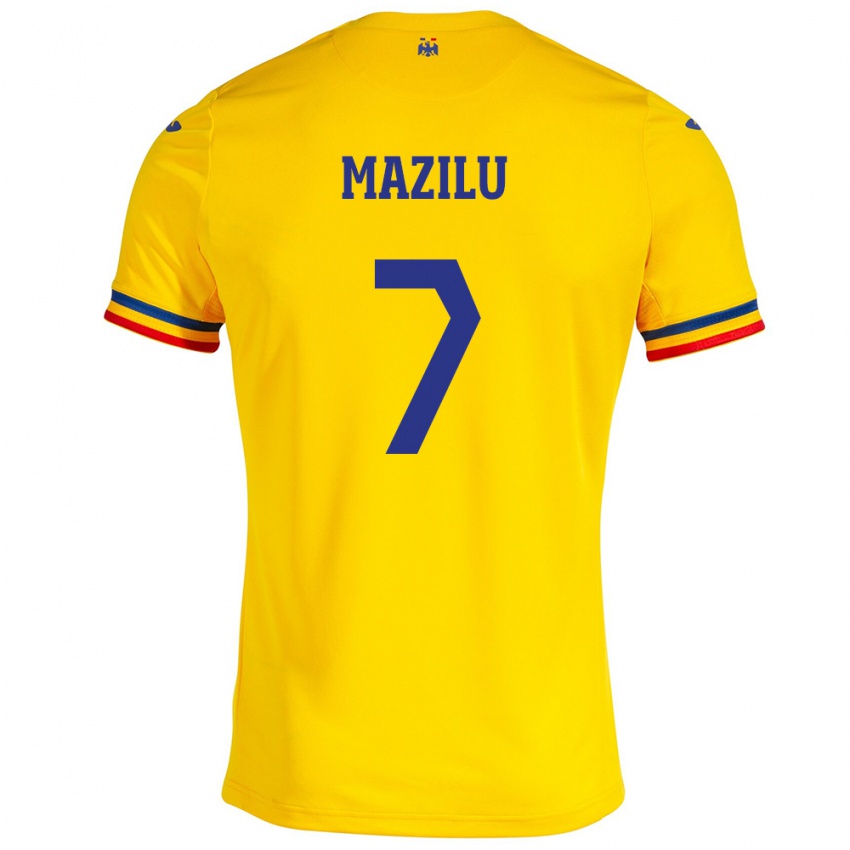 Homme Maillot Roumanie Adrian Mazilu #7 Jaune Tenues Domicile 24-26 T-Shirt Belgique