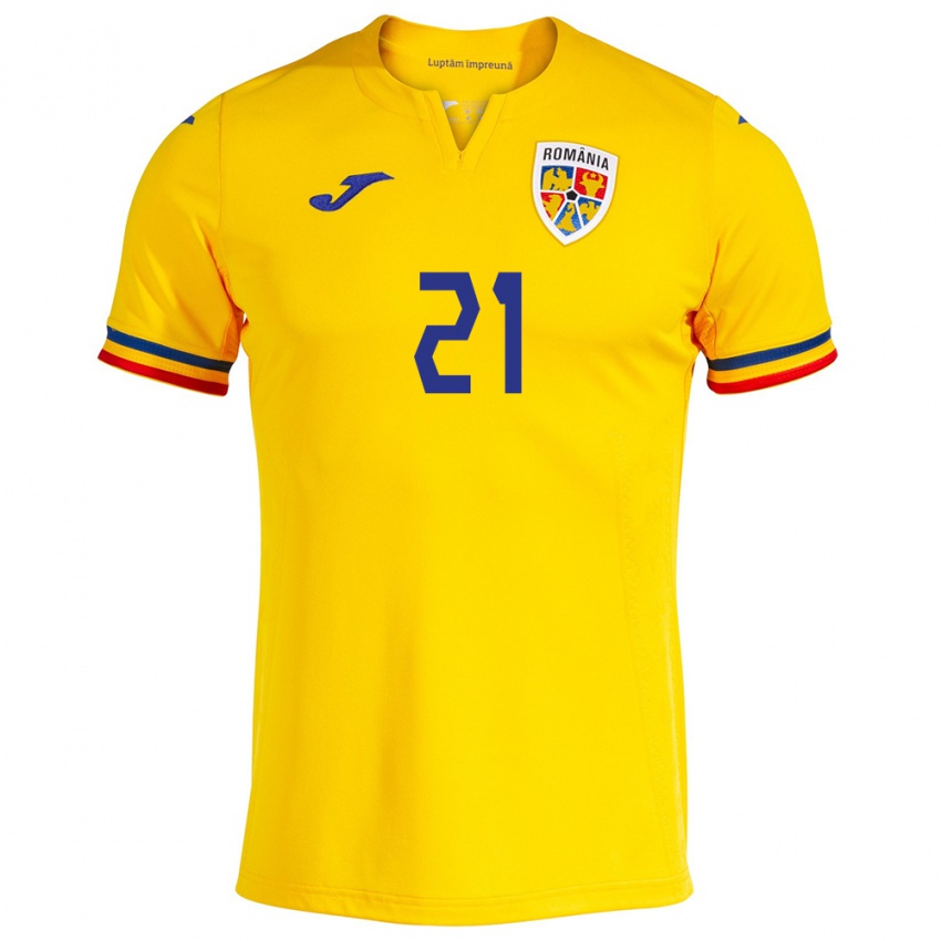 Femme Maillot Roumanie Olimpiu Moruţan #21 Jaune Tenues Domicile 24-26 T-Shirt Belgique