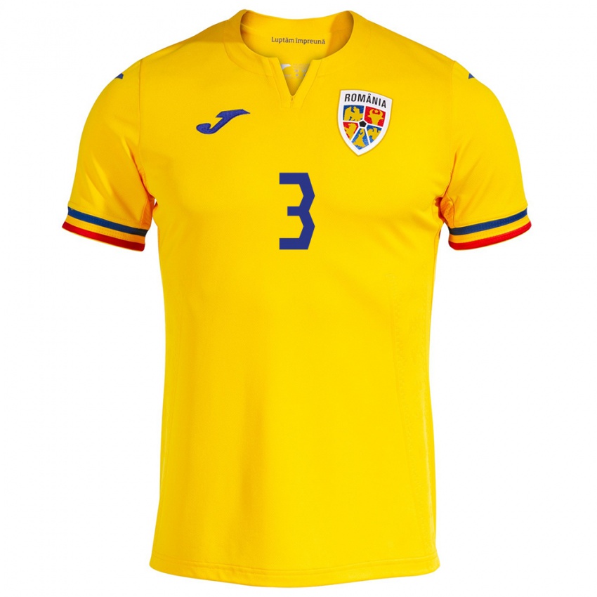 Femme Maillot Roumanie Radu Drăgușin #3 Jaune Tenues Domicile 24-26 T-Shirt Belgique