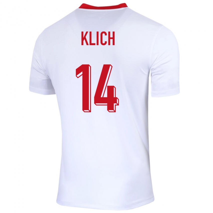 Enfant Maillot Pologne Mateusz Klich #14 Blanc Tenues Domicile 24-26 T-Shirt Belgique