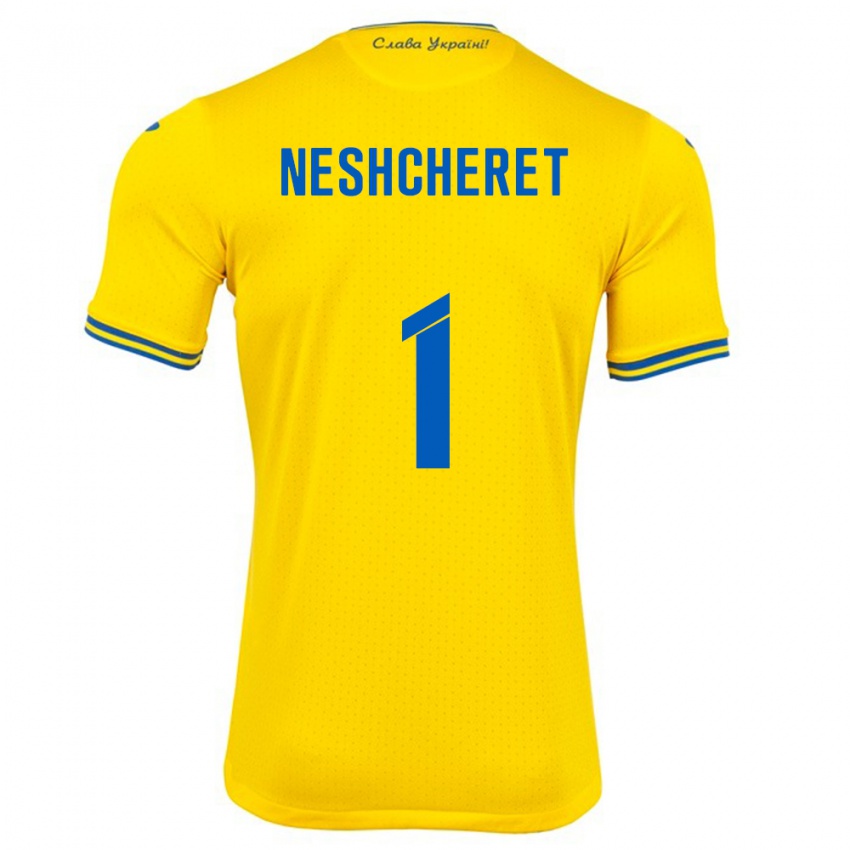 Kinder Ukraine Ruslan Neshcheret #1 Gelb Heimtrikot Trikot 24-26 T-Shirt Belgien