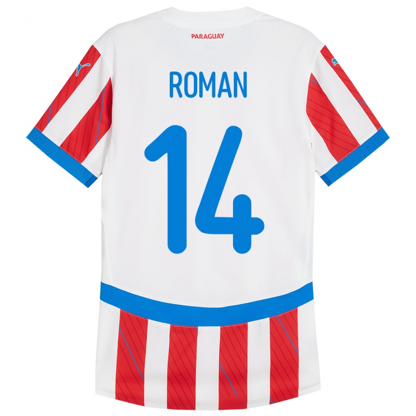 Kinderen Paraguay Fernando Román #14 Wit Rood Thuisshirt Thuistenue 24-26 T-Shirt België