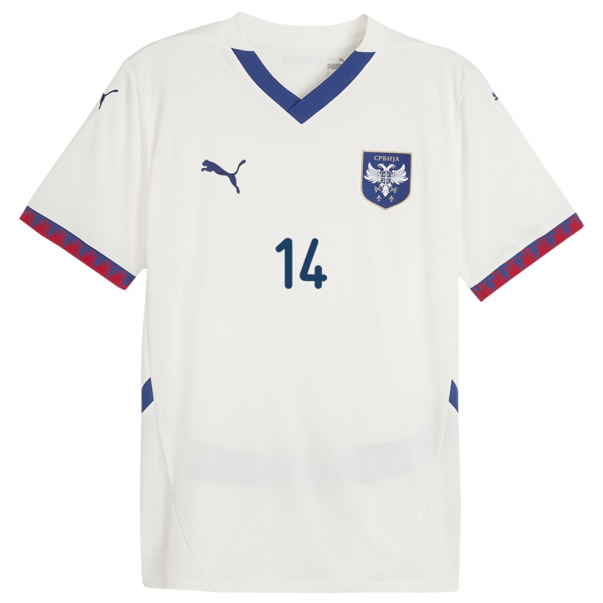 Enfant Maillot Serbie Vladimir Miletic #14 Blanc Tenues Extérieur 24-26 T-Shirt Belgique