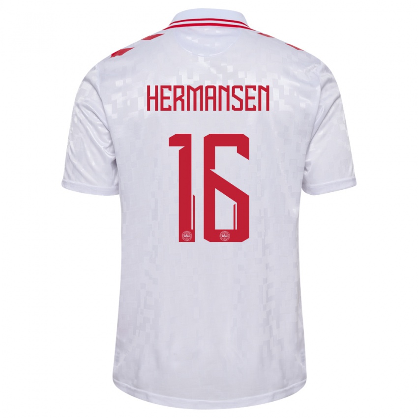 Enfant Maillot Danemark Mads Hermansen #16 Blanc Tenues Extérieur 24-26 T-Shirt Belgique