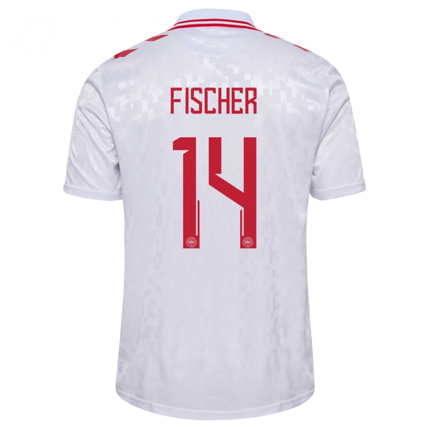 Enfant Maillot Danemark Mikkel Fischer #14 Blanc Tenues Extérieur 24-26 T-Shirt Belgique