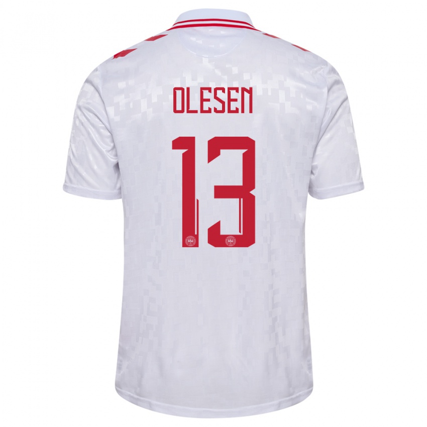 Kinder Dänemark Karoline Olesen #13 Weiß Auswärtstrikot Trikot 24-26 T-Shirt Belgien