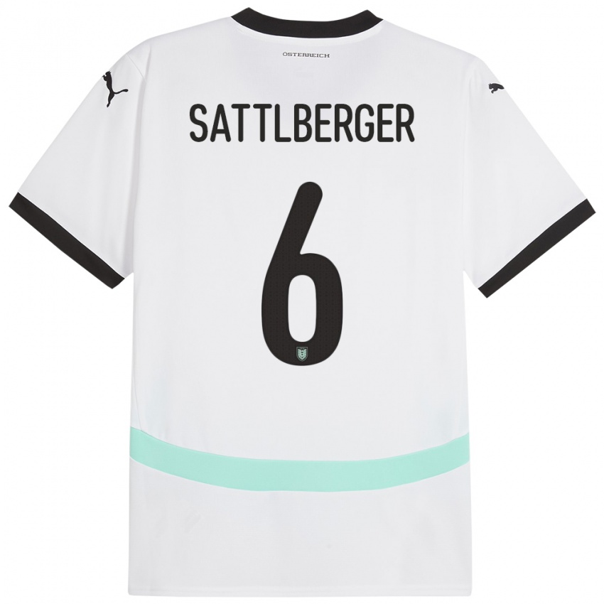 Kinderen Oostenrijk Nikolas Sattlberger #6 Wit Uitshirt Uittenue 24-26 T-Shirt België