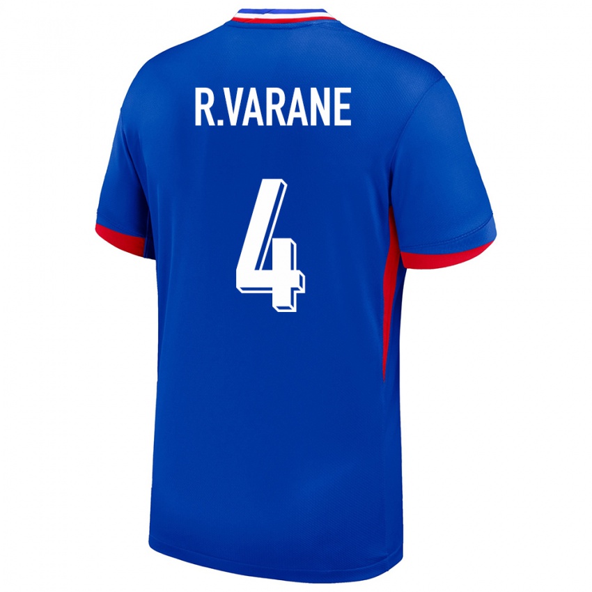 Homme Maillot France Raphael Varane #4 Bleu Tenues Domicile 24-26 T-Shirt Belgique