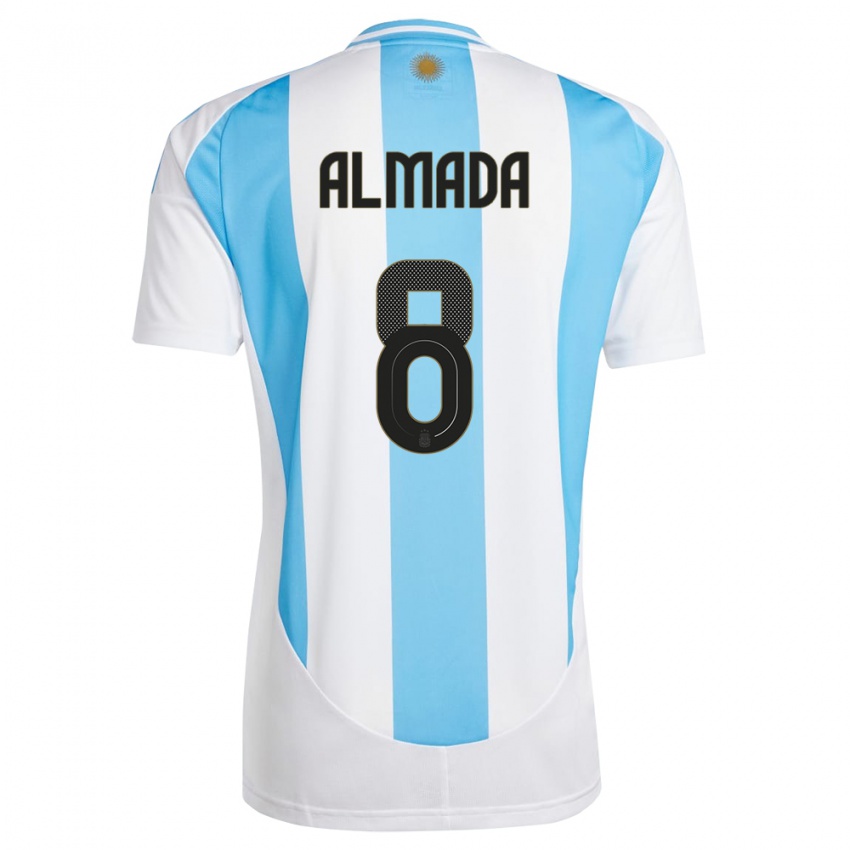 Heren Argentinië Thiago Almada #8 Wit Blauw Thuisshirt Thuistenue 24-26 T-Shirt België