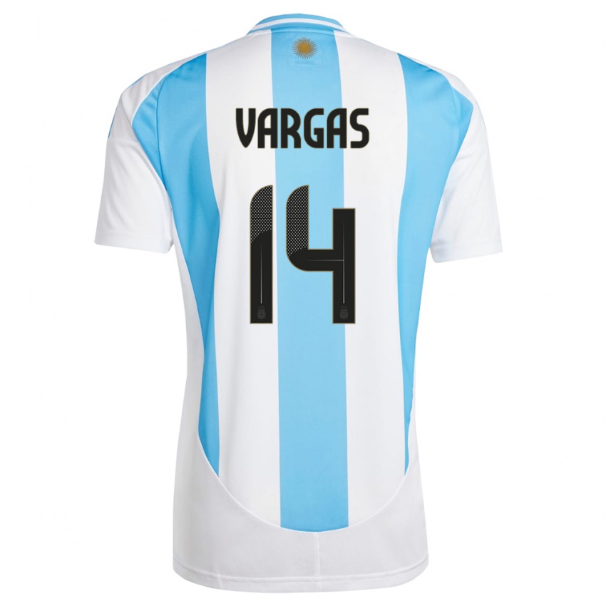 Homme Maillot Argentine Agustina Vargas #14 Blanc Bleu Tenues Domicile 24-26 T-Shirt Belgique
