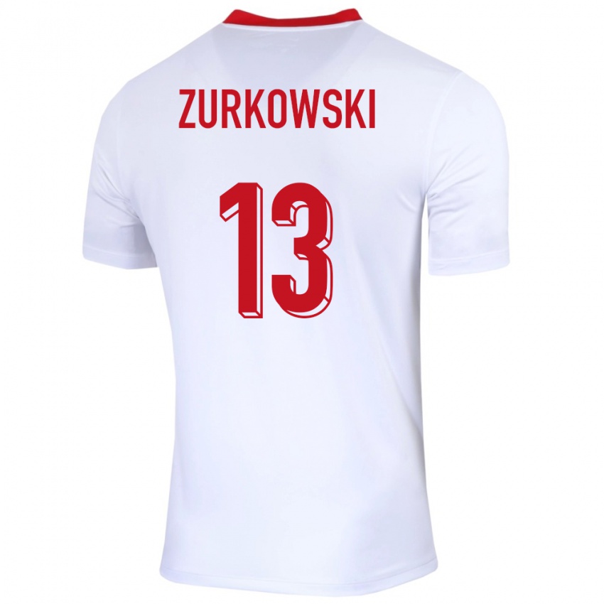 Homme Maillot Pologne Szymon Zurkowski #13 Blanc Tenues Domicile 24-26 T-Shirt Belgique