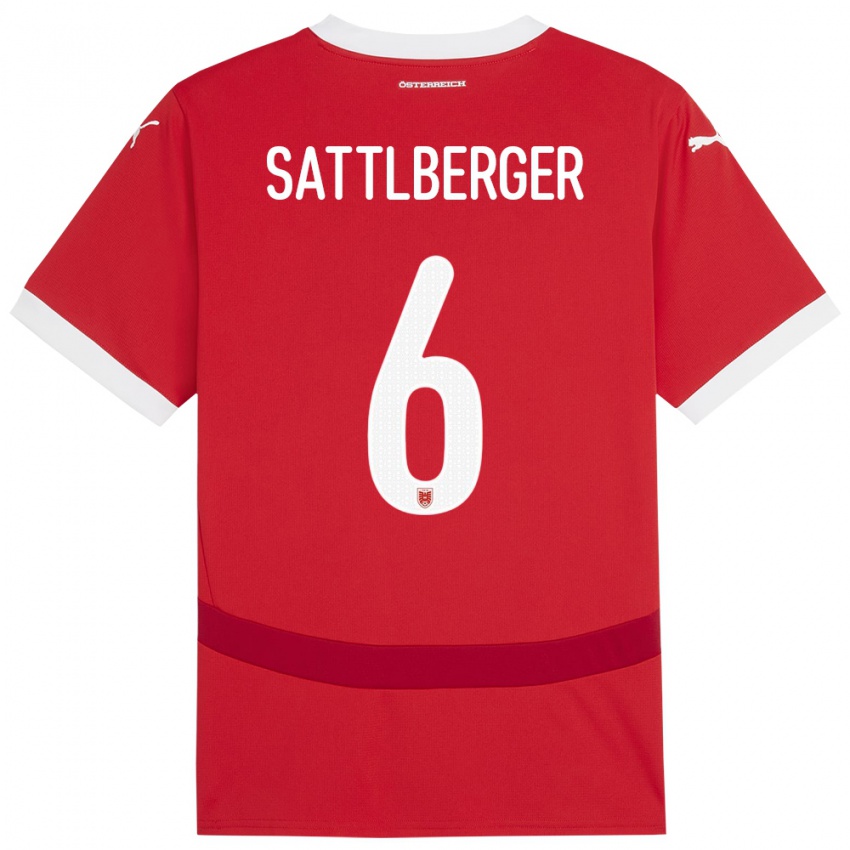 Homme Maillot Autriche Nikolas Sattlberger #6 Rouge Tenues Domicile 24-26 T-Shirt Belgique