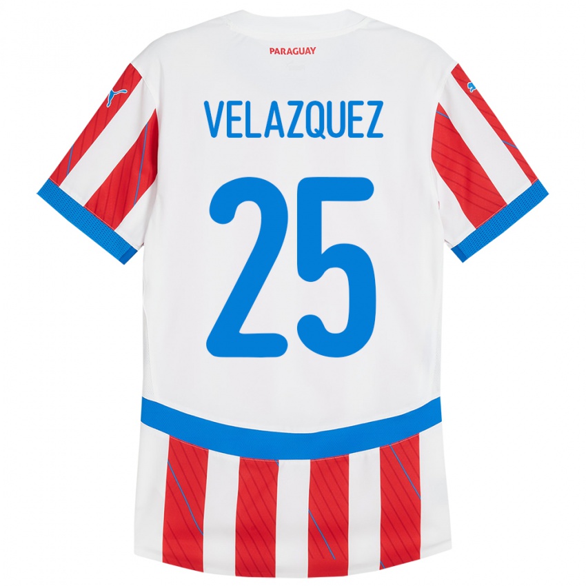 Herren Paraguay Gustavo Velázquez #25 Weiß Rot Heimtrikot Trikot 24-26 T-Shirt Belgien