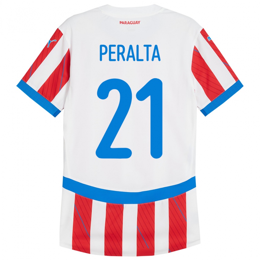 Herren Paraguay Fabrizio Peralta #21 Weiß Rot Heimtrikot Trikot 24-26 T-Shirt Belgien