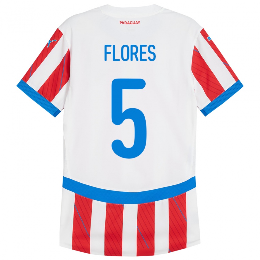 Homme Maillot Paraguay Gilberto Flores #5 Blanc Rouge Tenues Domicile 24-26 T-Shirt Belgique