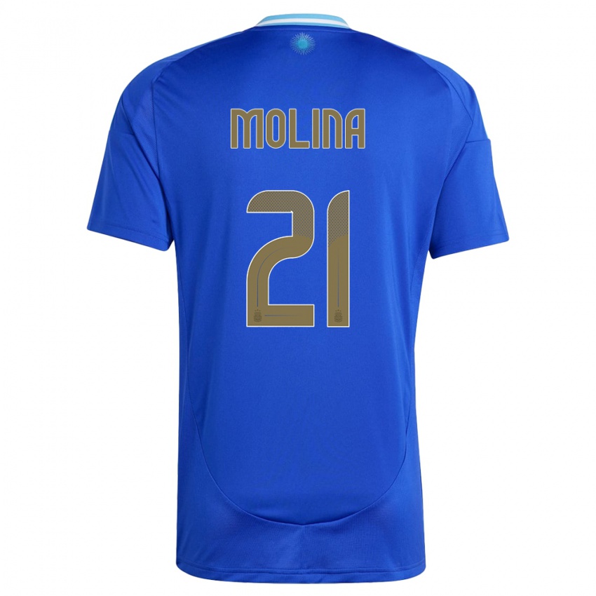 Heren Argentinië Nahuel Molina #21 Blauw Uitshirt Uittenue 24-26 T-Shirt België