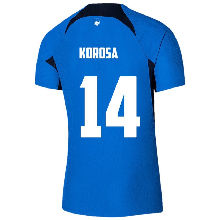 Heren Slovenië Anej Koroša #14 Blauw Uitshirt Uittenue 24-26 T-Shirt België