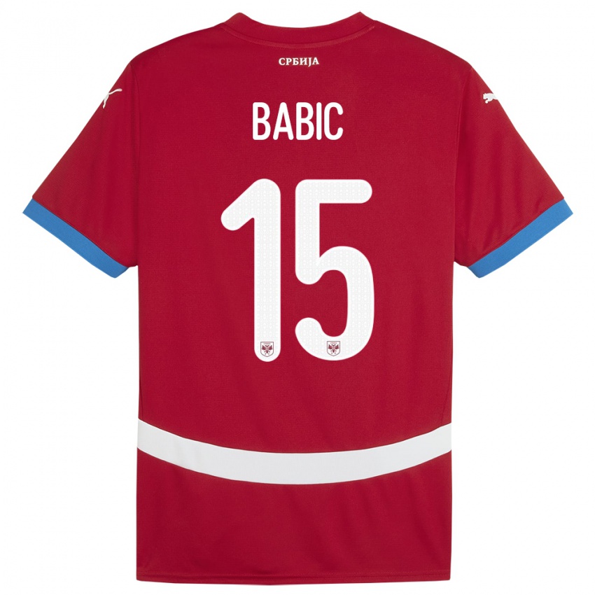 Femme Maillot Serbie Srdjan Babic #15 Rouge Tenues Domicile 24-26 T-Shirt Belgique