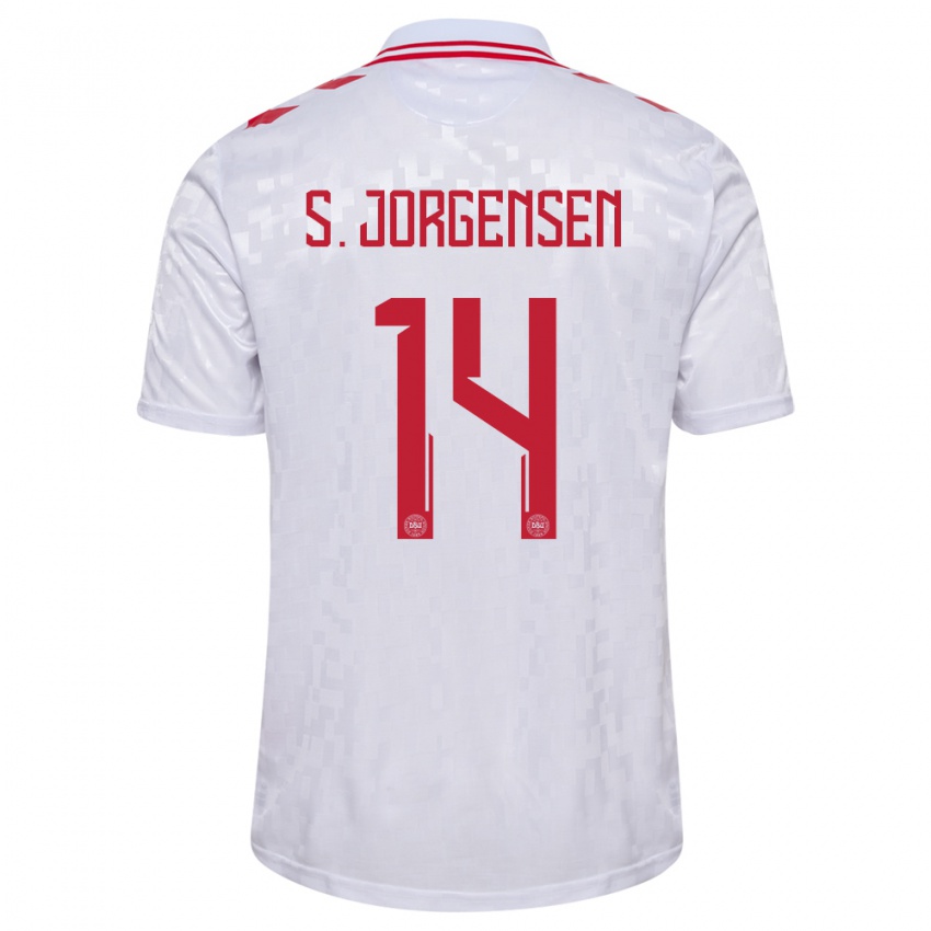 Femme Maillot Danemark Sebastian Jorgensen #14 Blanc Tenues Extérieur 24-26 T-Shirt Belgique