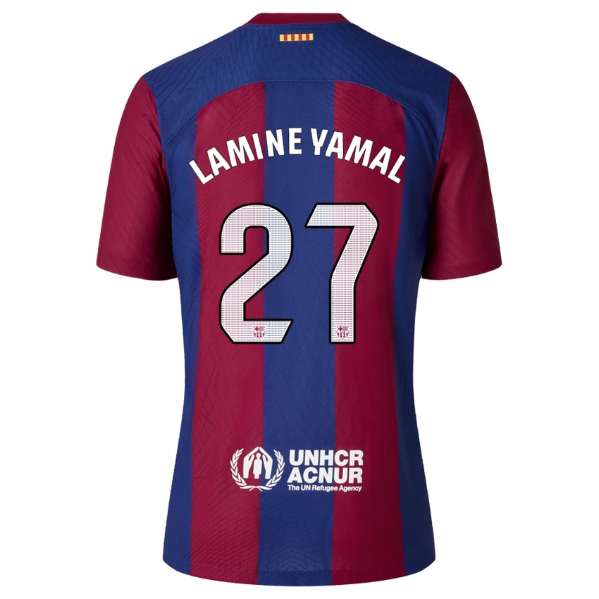 Enfant Maillot Lamine Yamal #27 Rouge Bleu Tenues Domicile 2023/24 T-Shirt Belgique