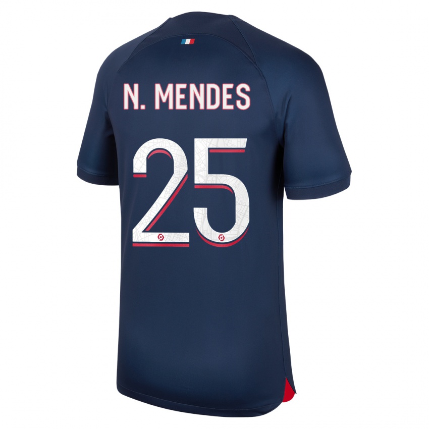 Homme Maillot Nuno Mendes #25 Bleu Rouge Tenues Domicile 2023/24 T-Shirt Belgique