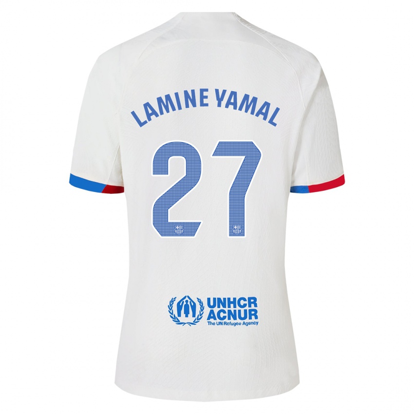 Homme Maillot Lamine Yamal #27 Blanc Tenues Extérieur 2023/24 T-Shirt Belgique