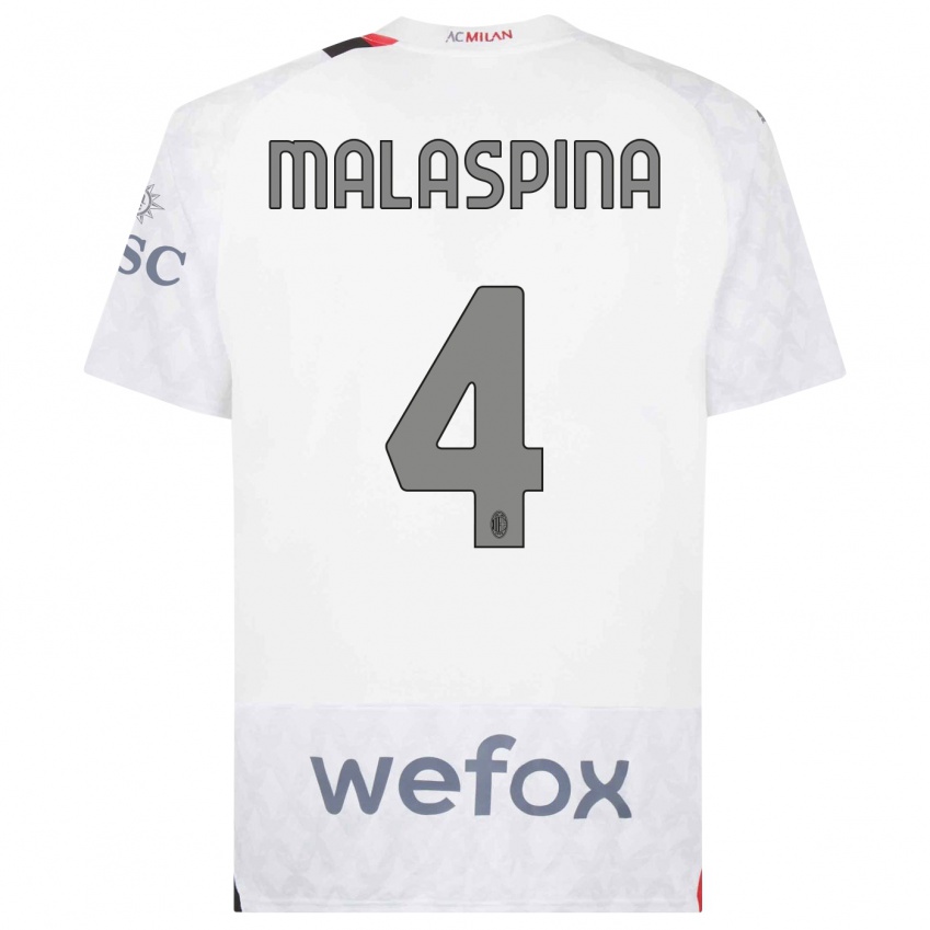 Femme Maillot Mattia Malaspina #4 Blanc Tenues Extérieur 2023/24 T-Shirt Belgique