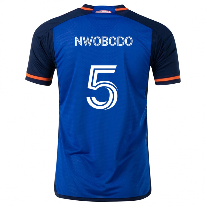 Enfant Maillot Obinna Nwobodo #5 Bleu Blanc Tenues Domicile 2024/25 T-Shirt Belgique