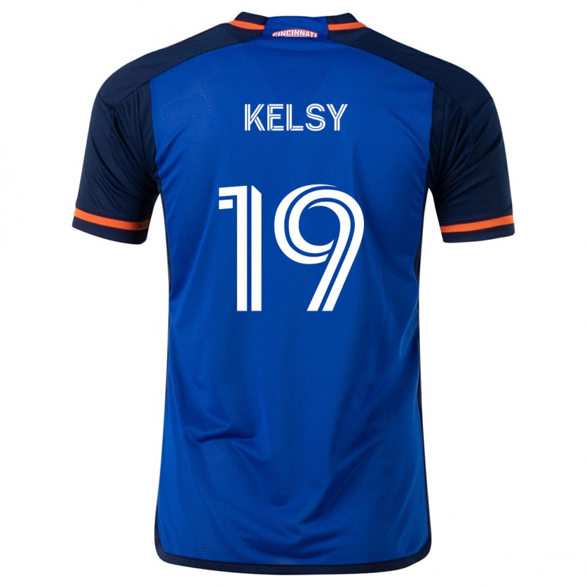 Enfant Maillot Kevin Kelsy #19 Bleu Blanc Tenues Domicile 2024/25 T-Shirt Belgique