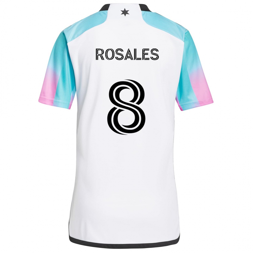 Enfant Maillot Joseph Rosales #8 Blanc Bleu Noir Tenues Extérieur 2024/25 T-Shirt Belgique