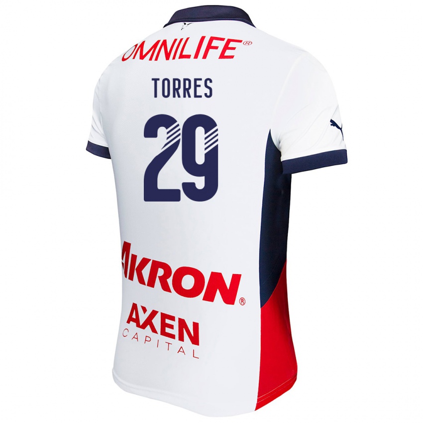 Enfant Maillot Alan Torres #29 Blanc Rouge Bleu Tenues Extérieur 2024/25 T-Shirt Belgique