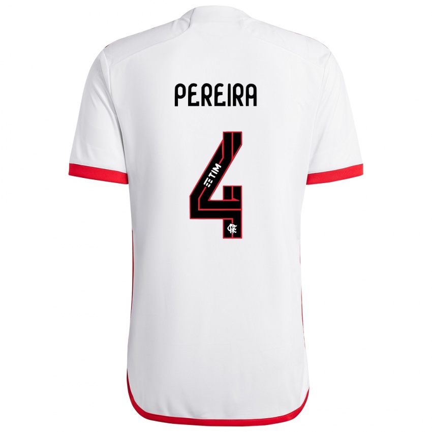 Femme Maillot Leo Pereira #4 Blanc Rouge Tenues Extérieur 2024/25 T-Shirt Belgique