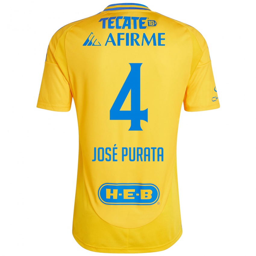 Enfant Maillot Juan Jose Purata #4 Or Jaune Tenues Domicile 2024/25 T-Shirt Belgique