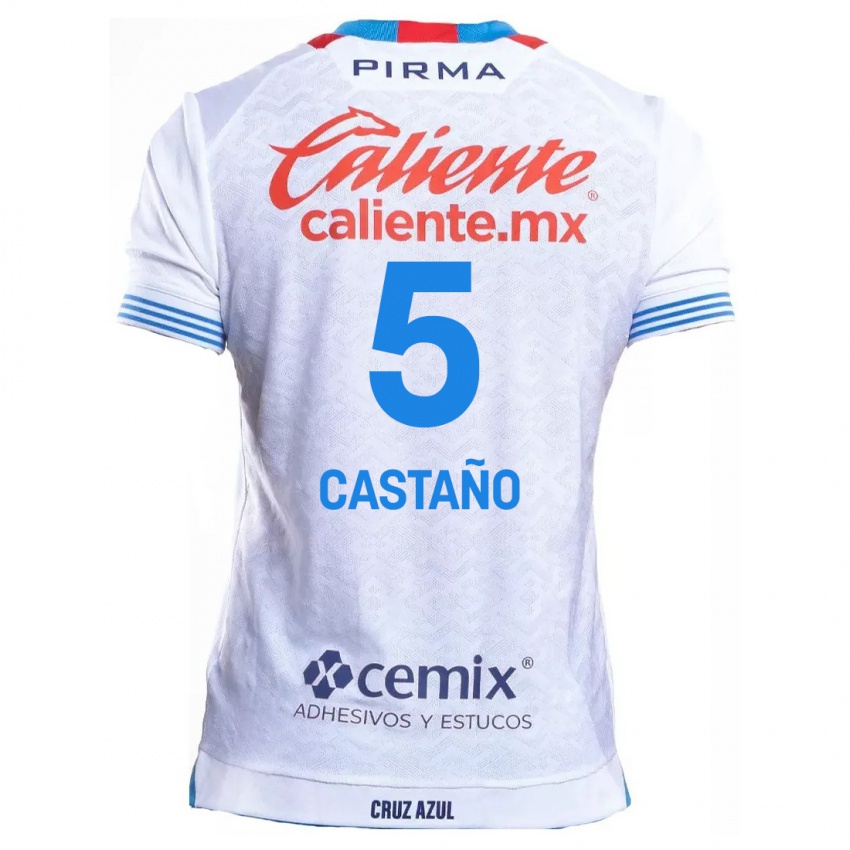 Enfant Maillot Kevin Castaño #5 Blanc Bleu Tenues Extérieur 2024/25 T-Shirt Belgique