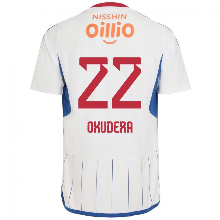 Enfant Maillot Minato Okudera #22 Blanc Bleu Rouge Tenues Extérieur 2024/25 T-Shirt Belgique