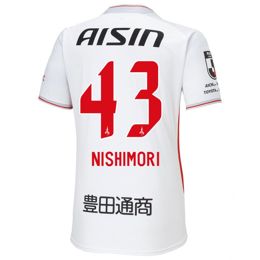 Enfant Maillot Yuto Nishimori #43 Blanc Jaune Rouge Tenues Extérieur 2024/25 T-Shirt Belgique