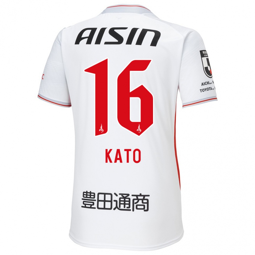 Enfant Maillot Naotaro Kato #16 Blanc Jaune Rouge Tenues Extérieur 2024/25 T-Shirt Belgique