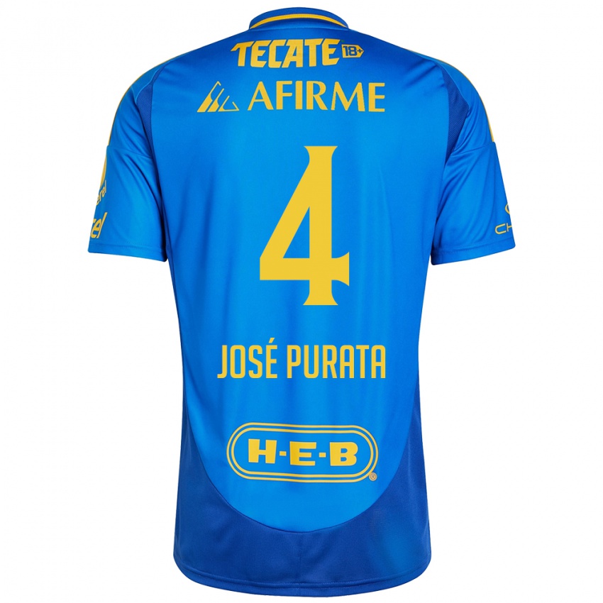 Enfant Maillot Juan Jose Purata #4 Bleu Jaune Tenues Extérieur 2024/25 T-Shirt Belgique