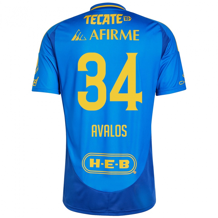 Enfant Maillot Erick Avalos #34 Bleu Jaune Tenues Extérieur 2024/25 T-Shirt Belgique