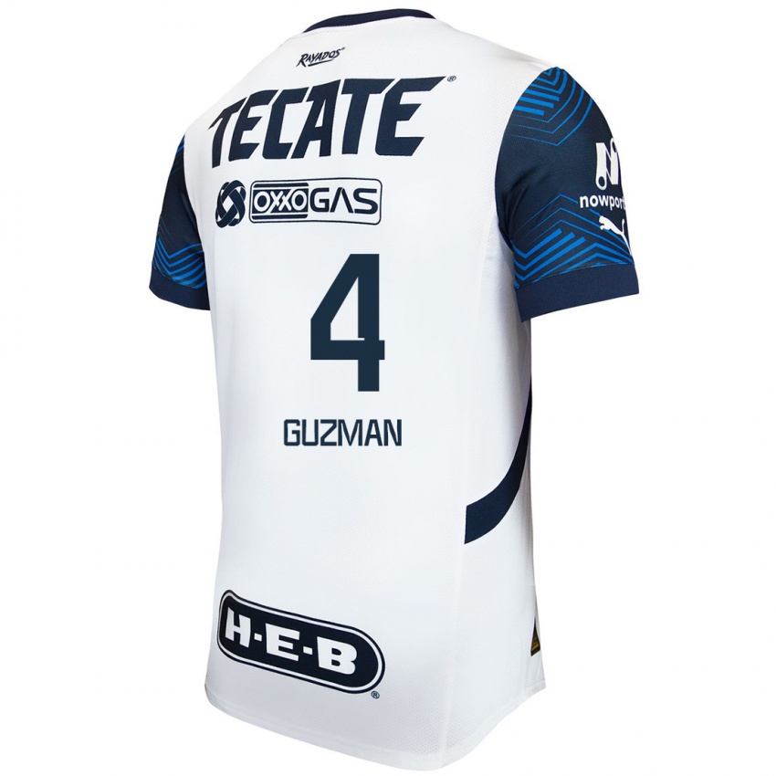 Femme Maillot Victor Guzman #4 Blanc Bleu Tenues Extérieur 2024/25 T-Shirt Belgique