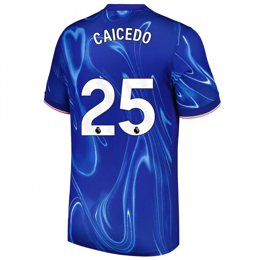 Enfant Maillot Moisés Caicedo #25 Bleu Blanc Tenues Domicile 2024/25 T-Shirt Belgique