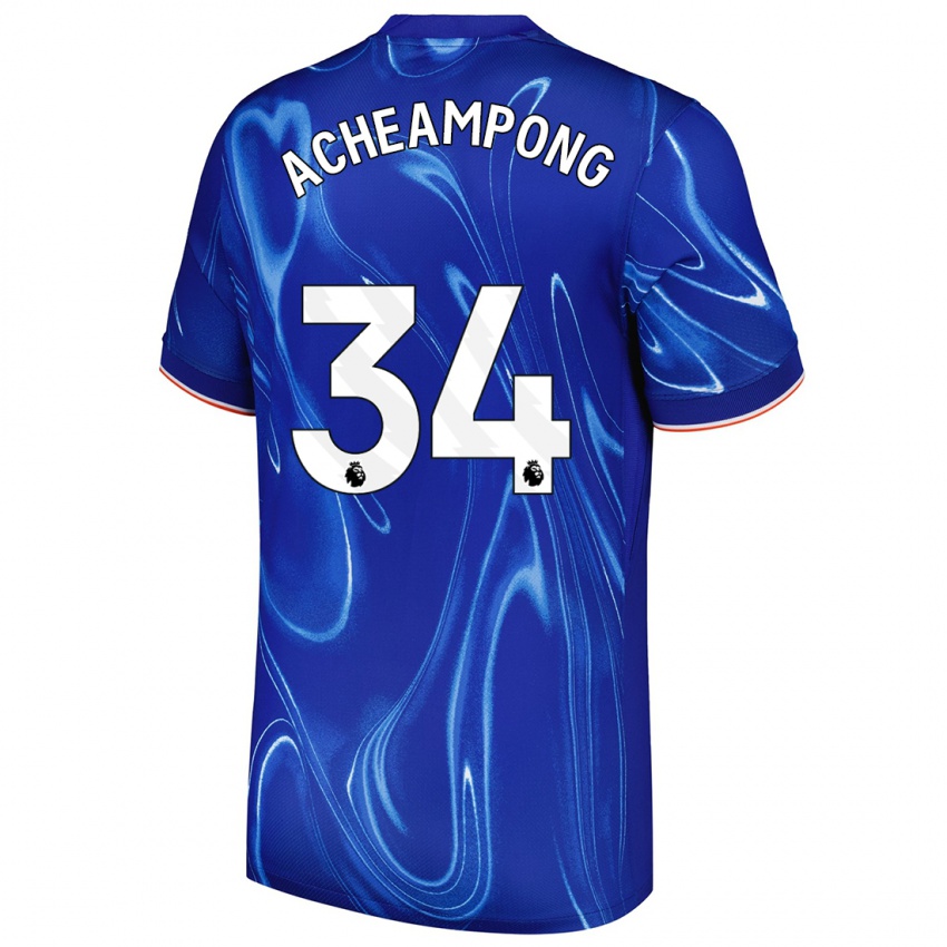 Enfant Maillot Josh Acheampong #34 Bleu Blanc Tenues Domicile 2024/25 T-Shirt Belgique